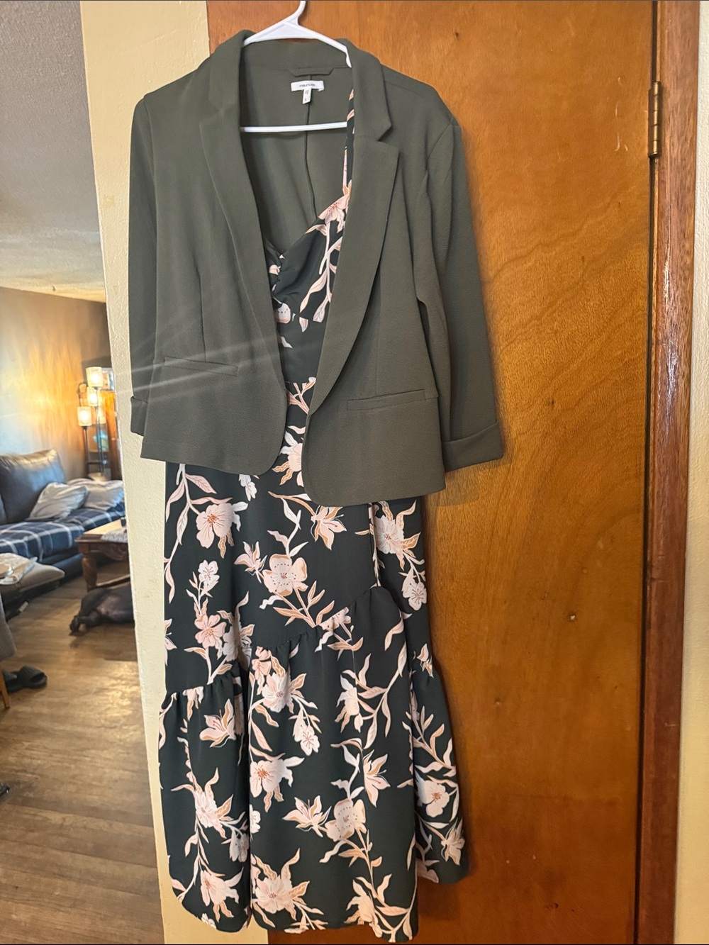 Olive Blazer with Black Floral Midi Dress - Elegant Women's Set